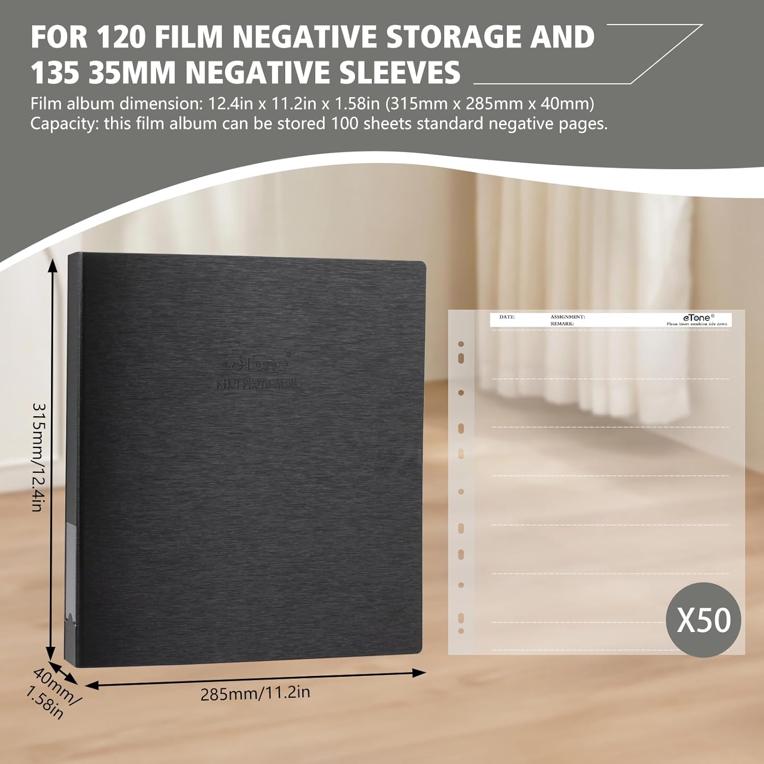 eTone Archival Storage Sheets 135 35mm Negative Page Preservers Sleeves with Film Album Ring Binder (50x135) Film album + 50x135 Negative pages