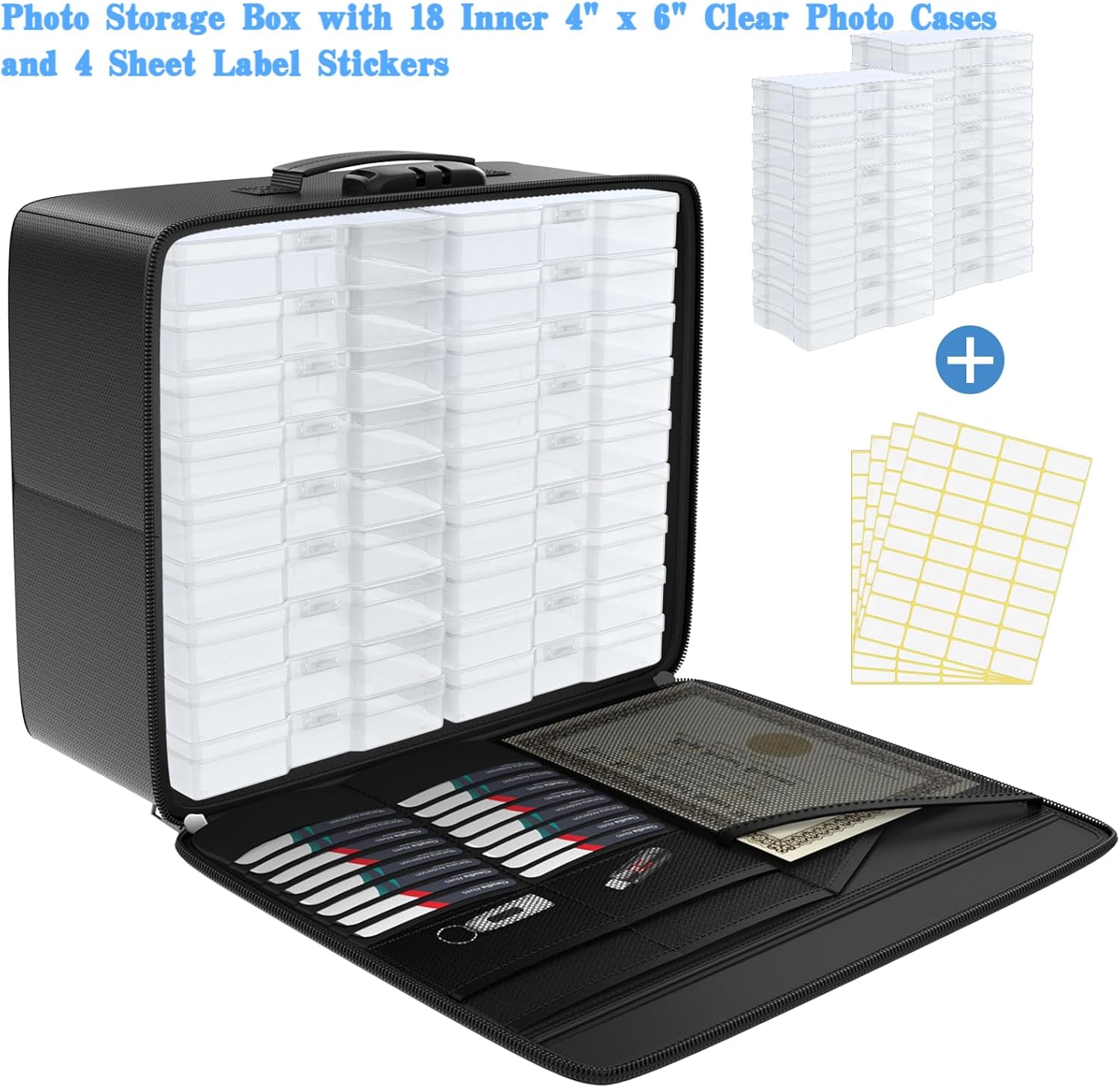 Fireproof Safe Photo Storage Box with 18 Inner 4" x 6" Clear Photo Cases